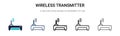 Wireless transmitter icon in filled, thin line, outline and stroke style. Vector illustration of two colored and black wireless