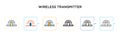 Wireless transmitter vector icon in 6 different modern styles. Black, two colored wireless transmitter icons designed in filled,