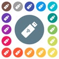 Wireless usb stick flat white icons on round color backgrounds