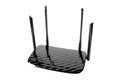 Wireless Wi-Fi router isolated on white background with clipping path. WiFi technology. Black wireless internet router isolated.