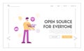 Wireless Wifi Connection Landing Page Template. Man Holding Huge Box with Media Icons for App around