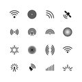 Wireless wifi and radio signals icons. Antenna, mobile signal and wave vector symbols isolated Royalty Free Stock Photo
