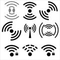 Wireless wifi, sonar sound waves icons isolated on white background