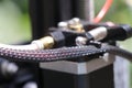 Wires of an extruder close up with a view of filament feeding mechanism using a stepper motor on background