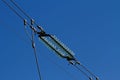 Wires and insulator against the clear blue sky