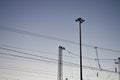 Wires on the pillars with the evening sky in the background. Royalty Free Stock Photo