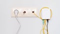 Wires, sockets, cable and internet router Royalty Free Stock Photo
