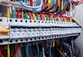 Wires and switches in electric box. Electrical panel with fuses and contactors Royalty Free Stock Photo