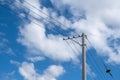 Wires and wire fences under blue sky and white clouds Royalty Free Stock Photo