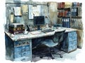 Wiretap equipment on desk, steel gray and blue, Watercolor, hand drawing