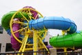 Wisconsin Dells, Wisconsin USA - May 21st, 2022: Medusa\'s Slidewheel new water park ride at Mt. Olympus fully assembled.