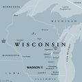 Wisconsin, WI, gray political map, US state, Badger State