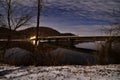 Wisconsin River highway 60 overpass bridge at boscobel boat launch with frozen river Royalty Free Stock Photo