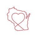Wisconsin US state red outline map with the handwritten heart shape. Vector illustration