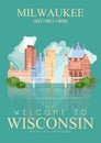 Wisconsin vector illustration with city Milwaukee. Americas dairy country. Travel postcard. Royalty Free Stock Photo