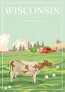 Wisconsin vector illustration with farm. Americas dairy country. Travel postcard.