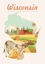 Wisconsin vector illustration with map. Americas dairy country. Travel postcard.