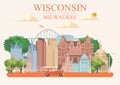 Wisconsin vector illustration with Wisconsin map. Americas dairy land. Travel postcard. Royalty Free Stock Photo