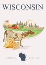 Wisconsin vector illustration with Wisconsin map. Americas dairy country. Travel postcard.