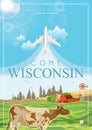 Wisconsin vector illustration with Wisconsin map. Americas dairy land. Travel postcard. Royalty Free Stock Photo