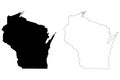 Wisconsin WI state Map USA. Black silhouette and outline isolated maps on a white background. EPS Vector Royalty Free Stock Photo