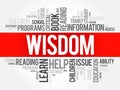 Wisdom - ability to contemplate and act using knowledge, experience, understanding, common sense and insight, word cloud concept