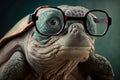 Wisdom concept. A wise turtle of advanced age wearing glasses. Created with Generative AI technology