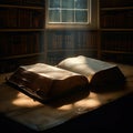 Wisdom emanates as an ancient Bible illuminates a shadowed library