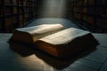 Wisdom emanates as an ancient Bible illuminates a shadowed library