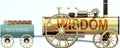 Wisdom and success - symbolized by a retro steam car with word Wisdom pulling a success wagon loaded with gold bars to show that
