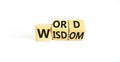 Wisdom word symbol. Concept words Wisdom word on wooden cubes. Beautiful white table white background. Business and wisdom word Royalty Free Stock Photo