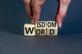 Wisdom word symbol. Concept words Wisdom word on wooden cubes. Businessman hand. Beautiful grey table grey background. Business Royalty Free Stock Photo