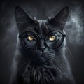 Wise animal with glasses. Portrait of a cat with glasses on a dark background