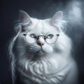 Wise animal with glasses. Portrait of a cat with glasses on a dark background