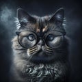 Wise animal with glasses. Portrait of a cat with glasses on a dark background