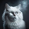 Wise animal with glasses. Portrait of a cat with glasses on a dark background