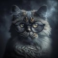 Wise animal with glasses. Portrait of a cat with glasses on a dark background