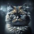 Wise animal with glasses. Portrait of a cat with glasses on a dark background