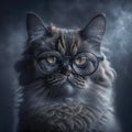 Wise animal with glasses. Portrait of a cat with glasses on a dark background