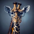 Wise animal with glasses. Portrait of a giraffe with glasses on a dark background