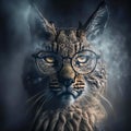 Wise animal with glasses. Portrait of a lynx with glasses on a dark background