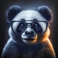 Wise animal with glasses. Portrait of a panda bear in glasses on a dark background