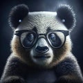 Wise animal with glasses. Portrait of a panda bear in glasses on a dark background
