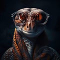 Wise animal with glasses. Portrait of a snake with glasses on a dark background