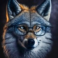 Wise animal with glasses. Portrait of a wolf in glasses on a dark background