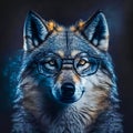 Wise animal with glasses. Portrait of a wolf in glasses on a dark background