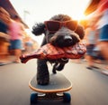 wise black terrier thieve wear cap sunglass escape on skateboard street market stolen grilled steak