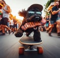 wise black terrier thieve wear cap sunglass escape on skateboard street market stolen grilled steak