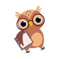 Wise Brown Owl, Cute Bird Teacher Cartoon Character Carrying Blank Notebook Vector Illustration