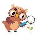 Wise Brown Owl, Cute Bird Teacher Cartoon Character Owl Examining Plant Through Magnifying Glass at Biology Lesson